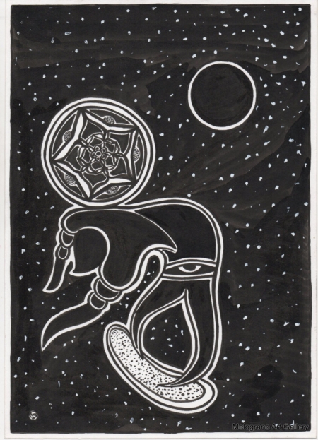 Opera astratta di Giovanni Della Nera, inchiostro e tecniche miste, forme fluide e simboliche ispirate a onde ed energia