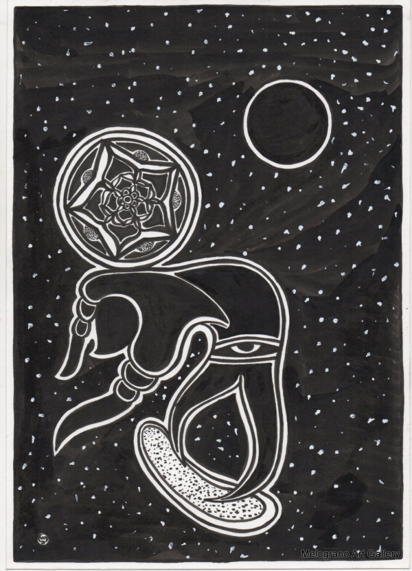 Opera astratta di Giovanni Della Nera, inchiostro e tecniche miste, forme fluide e simboliche ispirate a onde ed energia