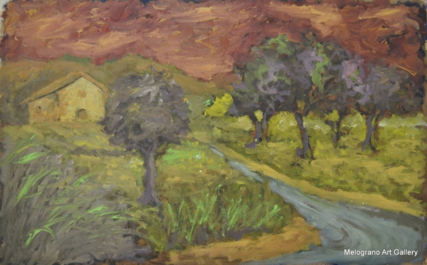 un paesaggio poetico dipinto da Giulio Santarsiero, paesaggio con cielo rosso cupo e viottola tra olivi al tramonto