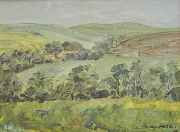 un paesaggio poetico dipinto da Giulio Santarsiero, con luce morbida e colori caldi colline verdi toscane dipinte con morbide sfumature di verde