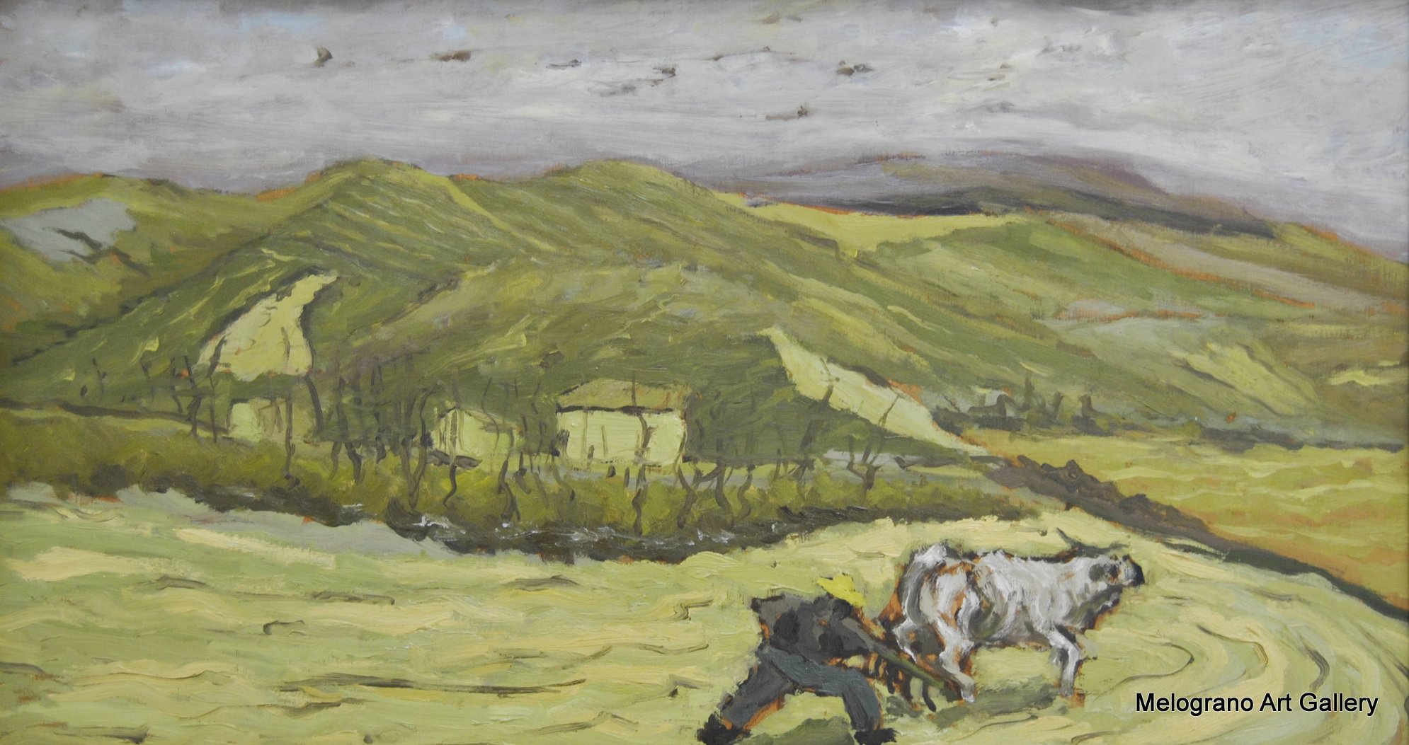 un paesaggio poetico di Giulio Santarsiero, dipinto rurale con contadino e vacca al lavoro nei campi sotto un cielo grigio
