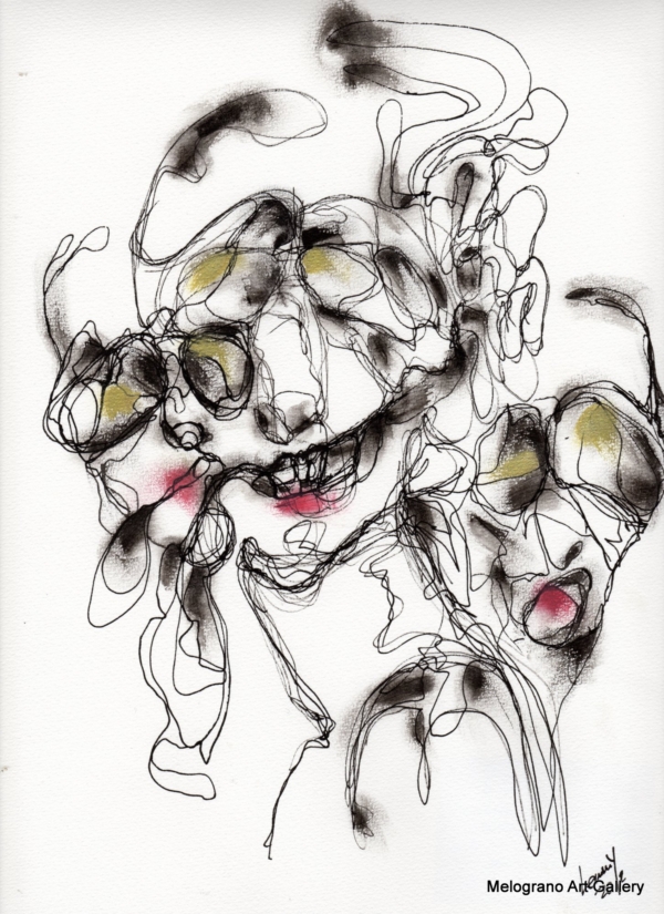 Opera di Lemmy Gonthier, volto umano deformato e sguardo intenso, pittura figurativa espressiva contemporanea