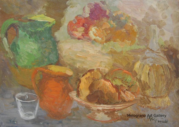 Opera di Guido Guidi, pittura figurativa del Novecento italiano, scena di vita quotidiana e natura morta