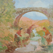 Opera di Guido Guidi, pittura figurativa del Novecento italiano, scena di vita quotidiana e paesaggio