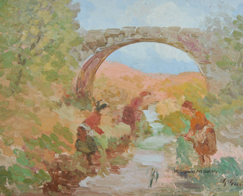Opera di Guido Guidi, pittura figurativa del Novecento italiano, scena di vita quotidiana e paesaggio
