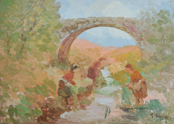 Opera di Guido Guidi, pittura figurativa del Novecento italiano, scena di vita quotidiana e paesaggio