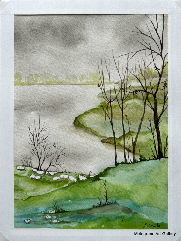 Acquarello paesaggio dai colori vivaci con segni netti e sfumature morbide