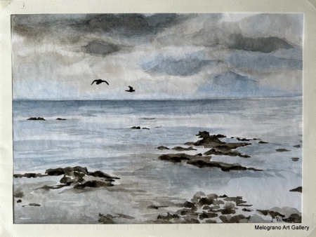 Acquarello paesaggio dai colori vivaci con segni netti e sfumature morbide