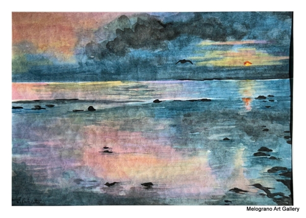 Acquarello paesaggio dai colori vivaci con segni netti e sfumature morbide