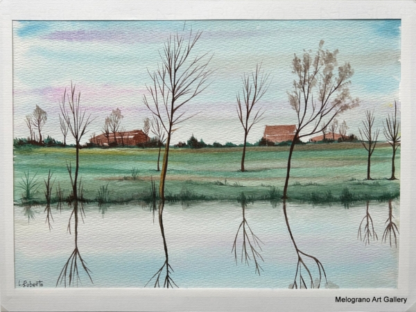 Acquarello paesaggio dai colori vivaci con segni netti e sfumature morbide