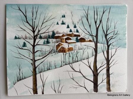 Acquarello paesaggio dai colori vivaci con segni netti e sfumature morbide