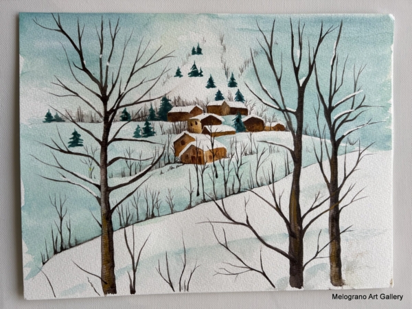 Acquarello paesaggio dai colori vivaci con segni netti e sfumature morbide