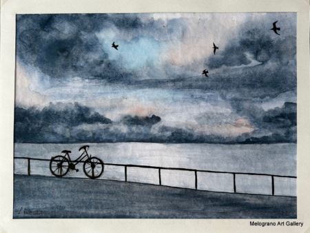 Acquarello paesaggio dai colori vivaci con segni netti e sfumature morbide