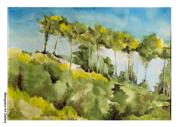 Acquarello paesaggio dai colori vivaci con segni netti e sfumature morbide