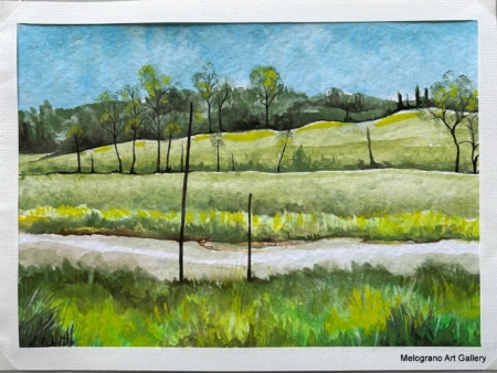 Acquarello paesaggio dai colori vivaci con segni netti e sfumature morbide