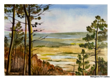 Acquarello paesaggio dai colori vivaci con segni netti e sfumature morbide