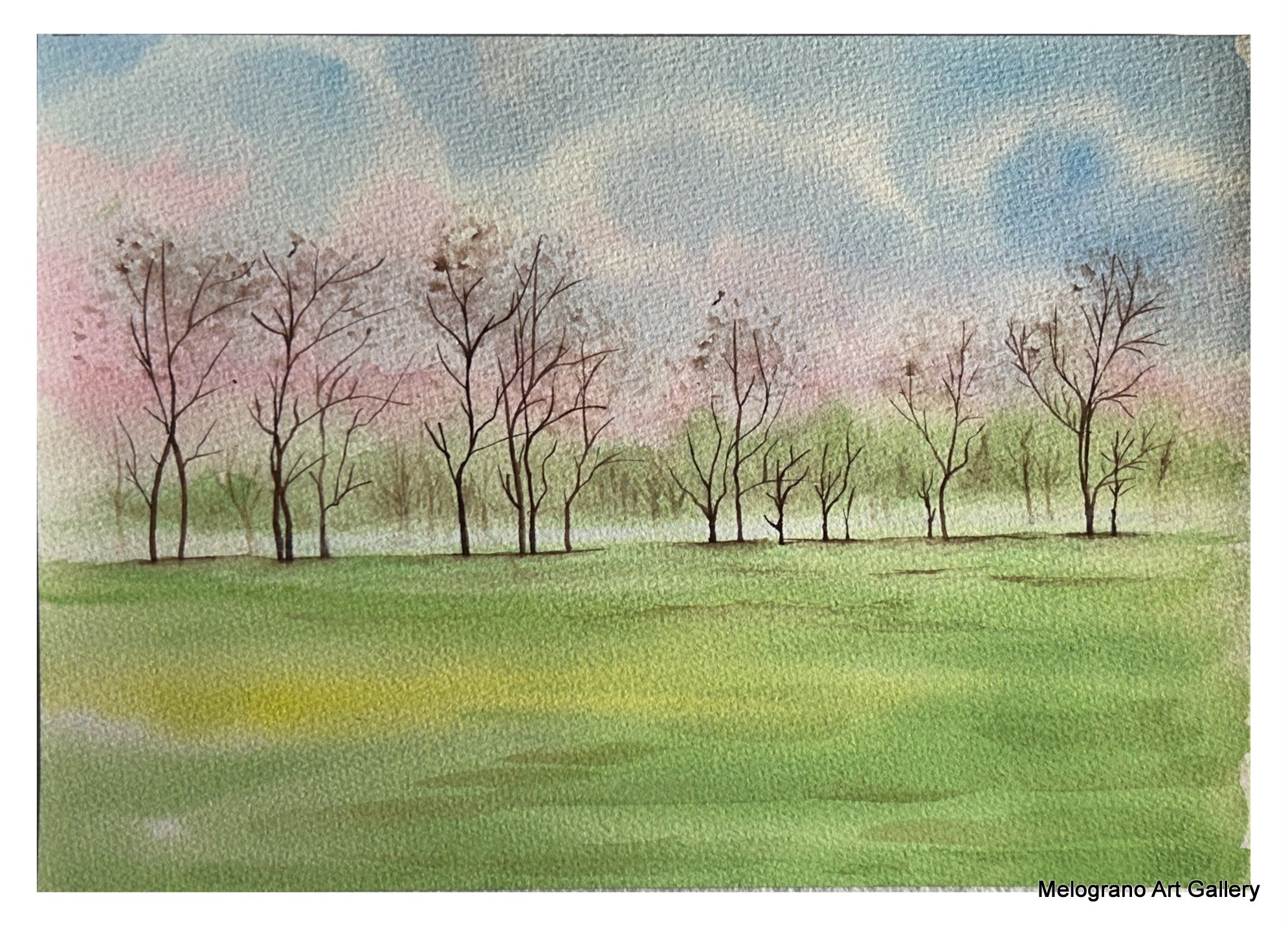 Acquarello paesaggio dai colori vivaci con segni netti e sfumature morbide