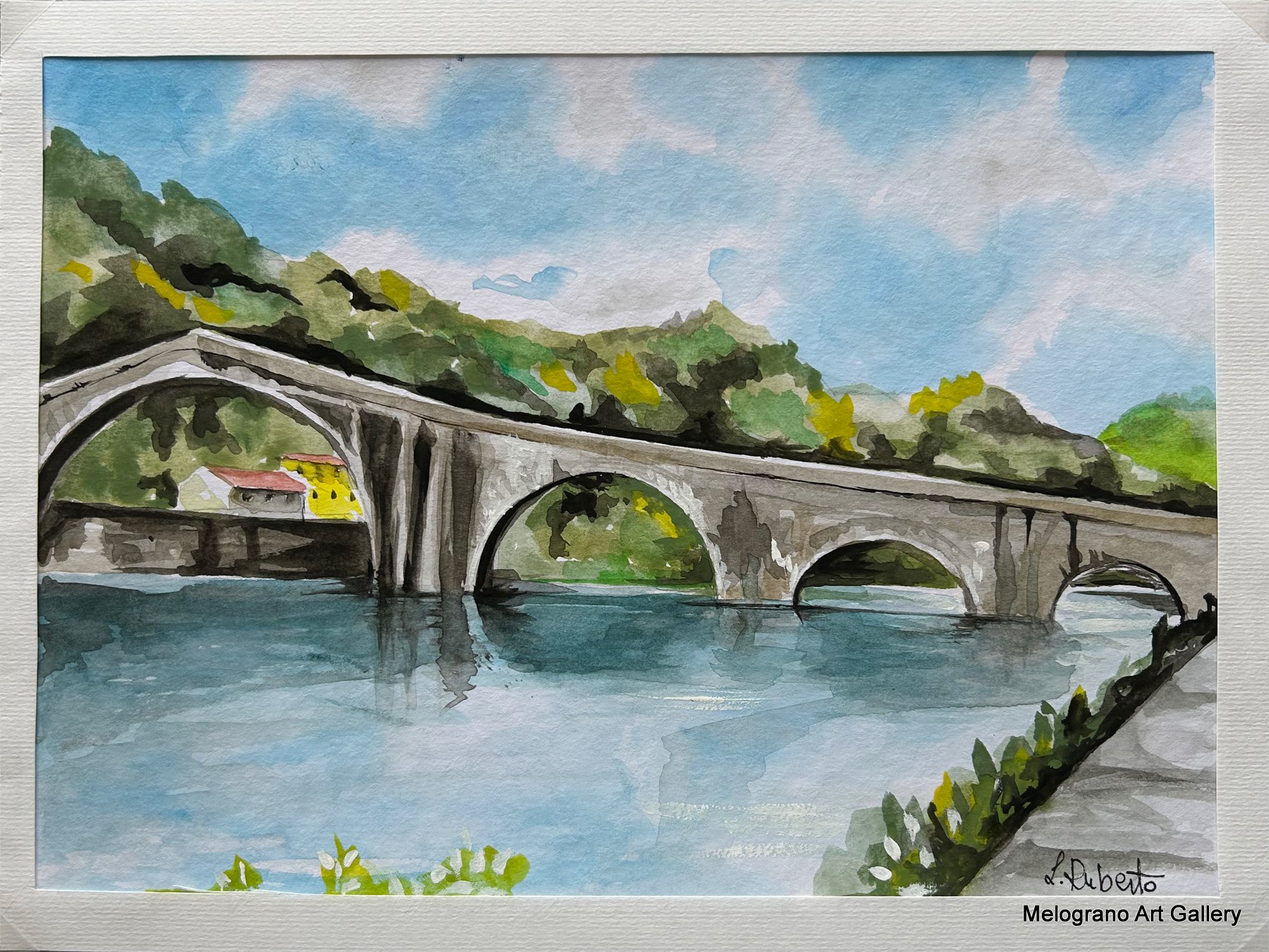 Acquarello paesaggio dai colori vivaci con segni netti e sfumature morbide