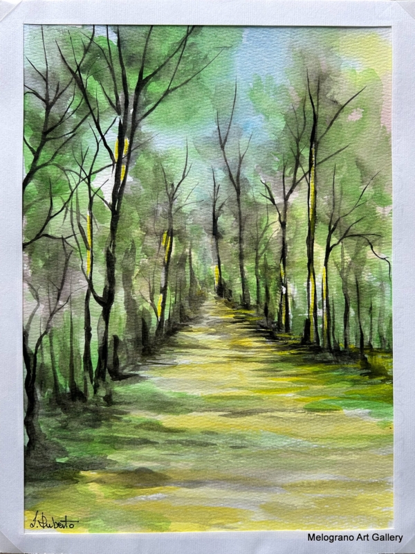 Acquarello paesaggio dai colori vivaci con segni netti e sfumature morbide