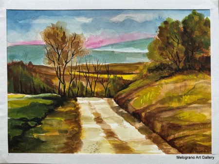 Acquarello paesaggio dai colori vivaci con segni netti e sfumature morbide