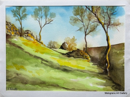 Acquarello paesaggio dai colori vivaci con segni netti e sfumature morbide