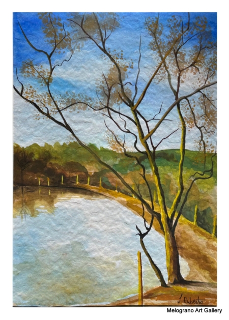 Acquarello paesaggio dai colori vivaci con segni netti e sfumature morbide