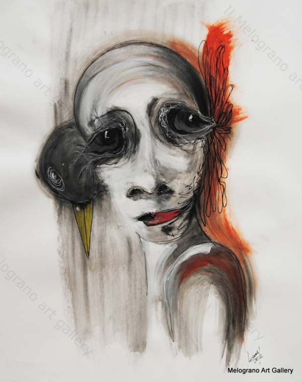 Opera di Lemmy Gonthier, volto umano deformato e sguardo intenso, pittura figurativa espressiva contemporanea