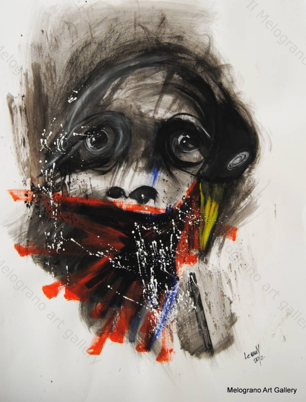 Opera di Lemmy Gonthier, volto umano deformato e sguardo intenso, pittura figurativa espressiva contemporanea