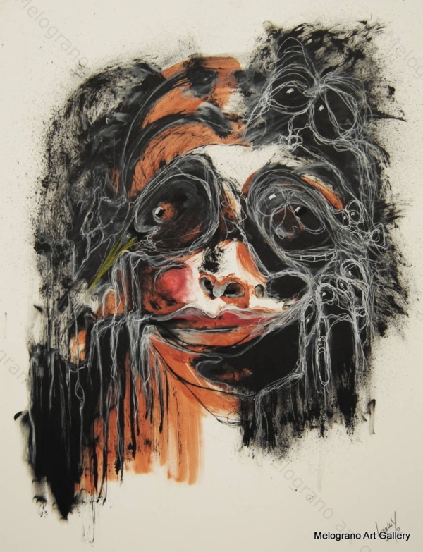 Opera di Lemmy Gonthier, volto umano deformato e sguardo intenso, pittura figurativa espressiva contemporanea