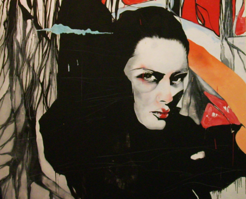 Opera pop contemporanea di Lidia Bachis con figure iconiche, colori intensi e riferimenti street art