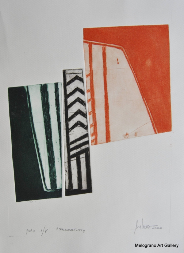 Opera astratta di Marcello Trabucco ispirata a frammenti storici e segni del tempo