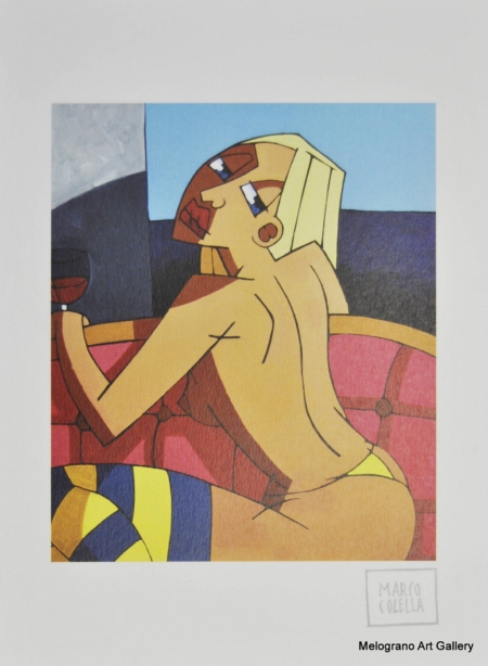 Figura femminile dal tratto grafico deciso, scena ironica e contemporanea