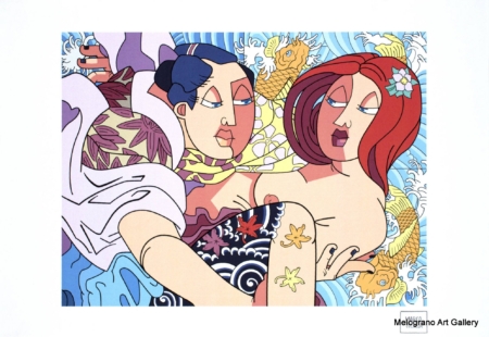 Opera orientale con corpi intrecciati, linee vorticose e dettagli ispirati alla tradizione giapponese