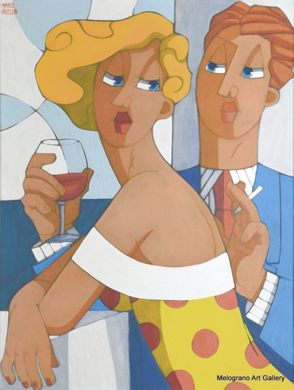 Figura femminile e maschile dal tratto grafico deciso, scena ironica e contemporanea