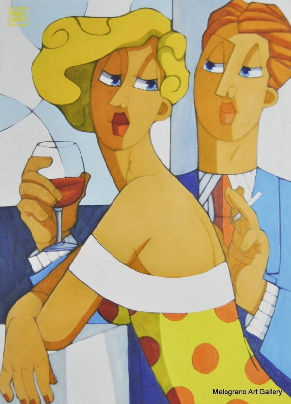 Figura femminile e maschile dal tratto grafico deciso, scena ironica e contemporanea