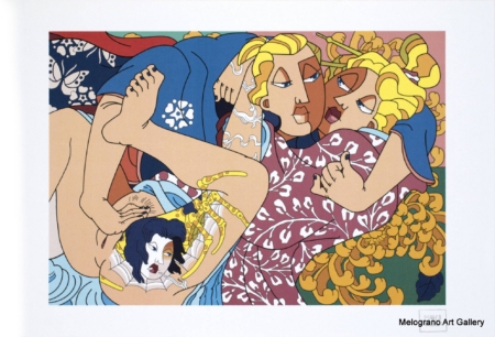 Opera orientale con corpi intrecciati, linee vorticose e dettagli ispirati alla tradizione giapponese