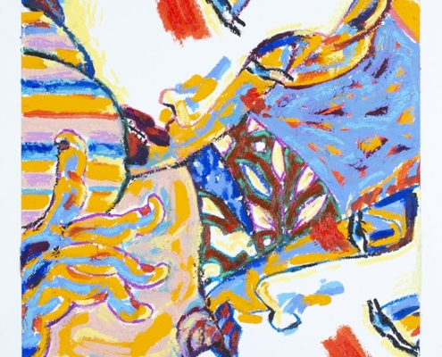 Opera orientale con corpi intrecciati, linee vorticose e dettagli ispirati alla tradizione giapponese