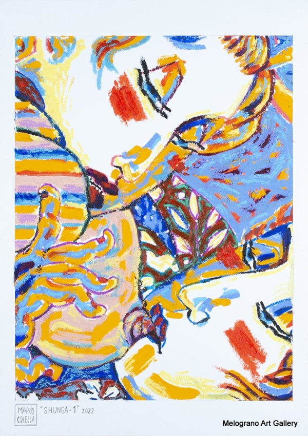 Opera orientale con corpi intrecciati, linee vorticose e dettagli ispirati alla tradizione giapponese