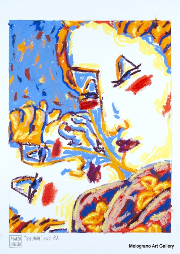 Opera orientale con corpi intrecciati, linee vorticose e dettagli ispirati alla tradizione giapponese