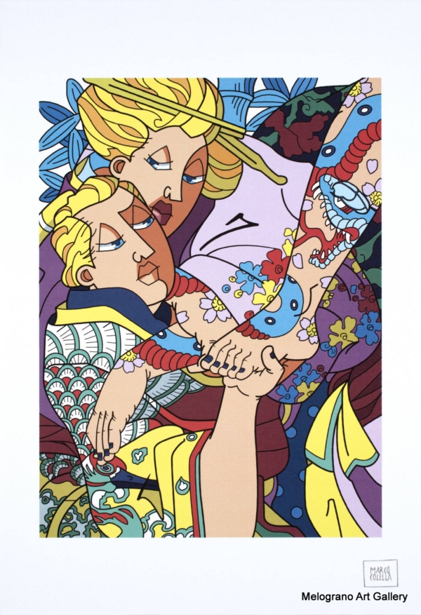 Opera orientale con corpi intrecciati, linee vorticose e dettagli ispirati alla tradizione giapponese