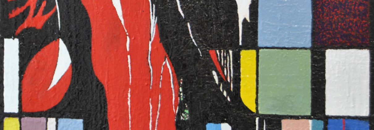 “La fonte segreta”, olio su tela 100×80 cm di Marcantonio Mancini, astratto concettuale con campiture a tessere e colata rossa dinamica