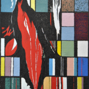 “La fonte segreta”, olio su tela 100×80 cm di Marcantonio Mancini, astratto concettuale con campiture a tessere e colata rossa dinamica