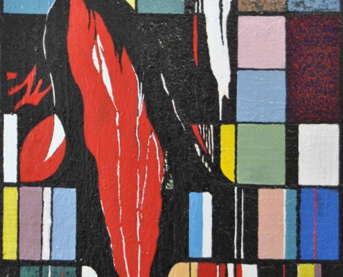 “La fonte segreta”, olio su tela 100×80 cm di Marcantonio Mancini, astratto concettuale con campiture a tessere e colata rossa dinamica