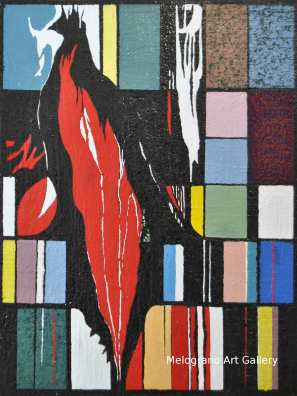 “La fonte segreta”, olio su tela 100×80 cm di Marcantonio Mancini, astratto concettuale con campiture a tessere e colata rossa dinamica