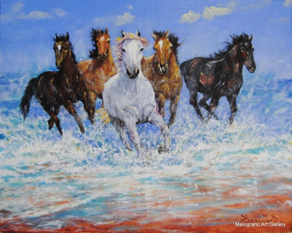 Cavalli in corsa, pittura figurativa con colori intensi e dinamici