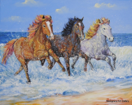 Cavalli in corsa, pittura figurativa con colori intensi e dinamici