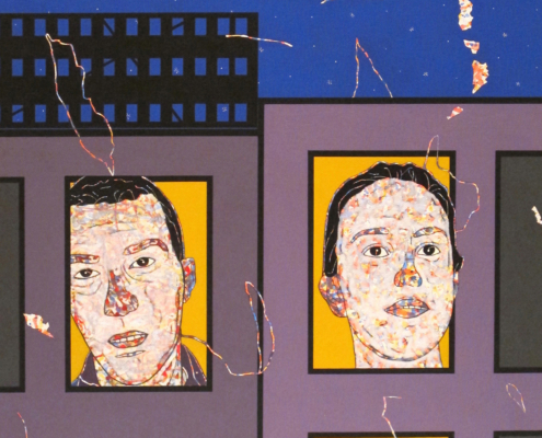 Opera di Mauro Molinari, pittura contemporanea arte figurativa, ricca di motivi e geometrie modulari, con attenzione alla città e all’umano