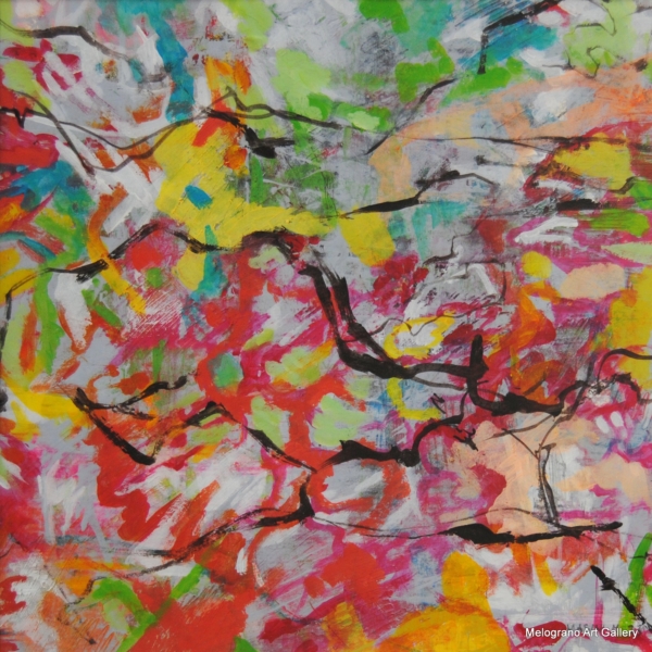 Quadro astratto di Michela Masini in rosso che evoca sentieri in collina