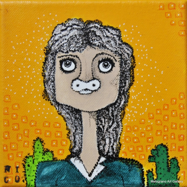 Piccolo volto femminile antropomorfo in stile fumettistico, coloratissimo, ispirato a 1984, ciclo “Orwell” di Nicoletta Calvo.