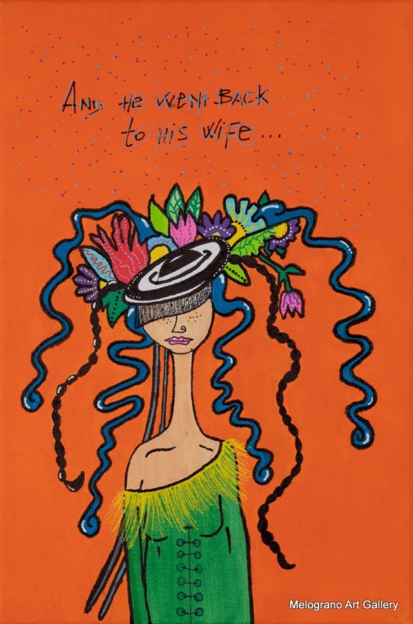 Calipso pop art su fondo rosso con capelli fluenti e scritta “And he went back to his wife” di Nicoletta Calvo.